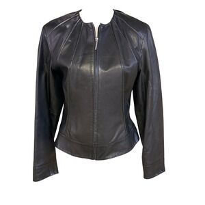 Siena Studio‎ Black Leather Jacket Zip Front Radial Seams Size 8